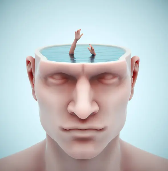 Hands out of the water asking for help. The concept of mental problems. THIS IS A 3D RENDER ILLUSTRATION.