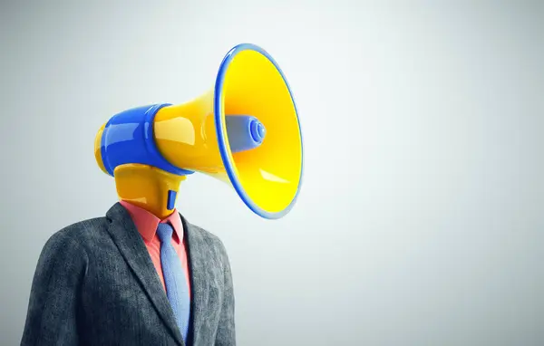 Человек Мегафоном Вместо Головы Объявление Сообщение Трёхмерная Иллюзия Арендодателя Лицензионные Стоковые Фото