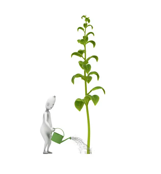 Человеческий Характер Поливает Растение Дождевателем Садовник Render Illustration Стоковое Фото