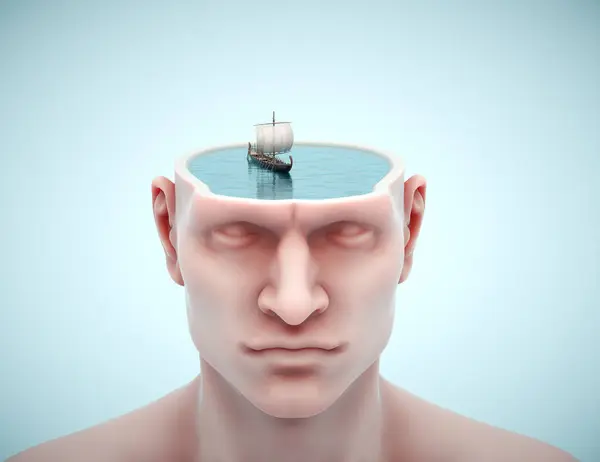 船が頭に浮かんでいる ブレインストーミング 想像力 研究の概念 これが3Dレンダリングです ロイヤリティフリーのストック画像