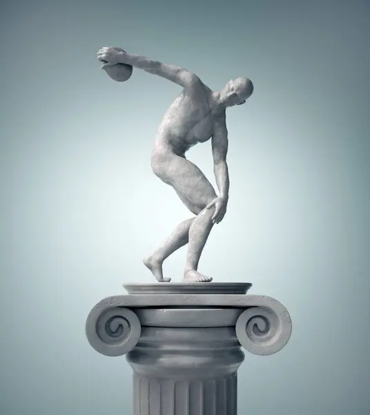 Греческая Статуя Спортсмена Бросает Диск Трёхмерная Иллюзия Арендодателя Лицензионные Стоковые Фото