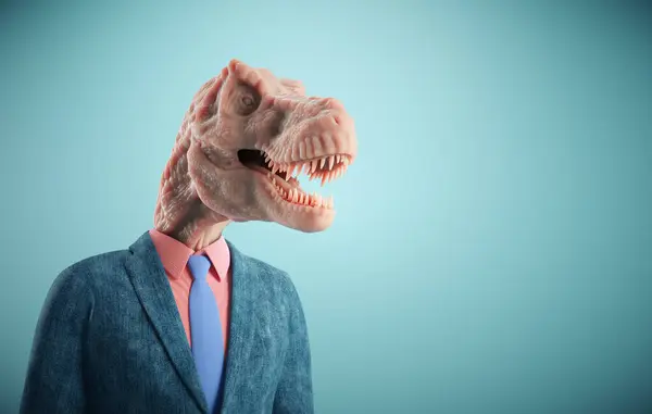 Man Med Dinosauriehuvud Begreppet Beslutsfattande Aggressivitet Och Makt Näringslivet Detta — Stockfoto