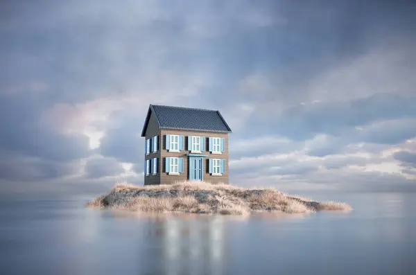 Bela Casa Isolada Pequena Ilha Esta Uma Ilustração Renderização Fotos De Bancos De Imagens
