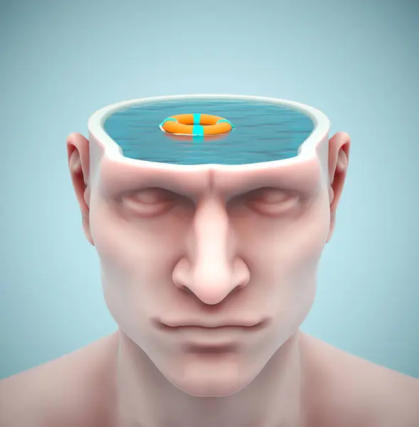 Ludzka Głowa Basenem Koło Ratunkowe Koncepcja Zaburzeń Psychicznych Render Illustracja Zdjęcie Stockowe