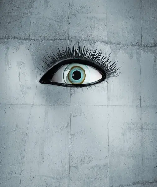壁の中の目 監視とスパイの概念 これは3Dレンダリングイラストです ロイヤリティフリーのストック画像