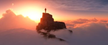 Bulutların üstündeki bir dağ yamacında duran bir yürüyüşçü. Bu bir 3d canlandırma çizimi