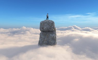 Bulutların üstündeki kayanın tepesindeki adam. Bu 3 boyutlu bir çizim.