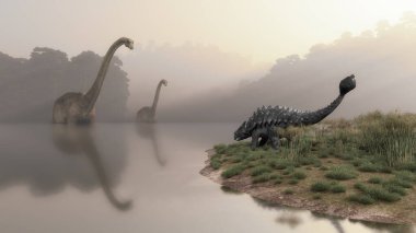 Dinozorlarla dolu tarih öncesi göl. Diplodocus ve ankylosaurus. Bu 3 boyutlu bir çizim.
