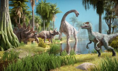 Dinozorlarla tarih öncesi topraklar. Stegosaurus, triceratops, brachiosaurus ve velociraptor. Bu 3 boyutlu bir çizim..