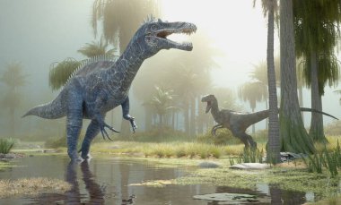 Doğadaki dinozorlar - suchomimus, velociraptor. Bu 3 boyutlu bir çizim.