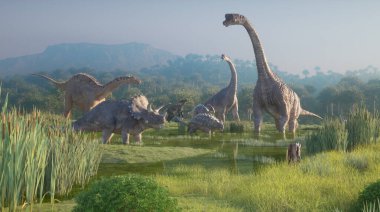 Vadideki dinozorlar. Bu 3 boyutlu bir çizim. .