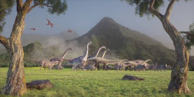 Vadideki dinozorlar. Göç. Bu 3 boyutlu bir çizim..