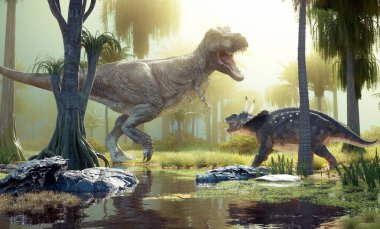 Ankylosaurus ve Tyrannosaurus gölün kenarında, ağaçlarla çevrili. Bu 3 boyutlu bir çizim.