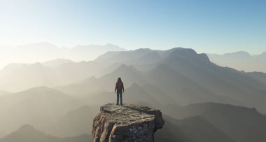 Dağın tepesinde bir yürüyüşçü. Bu 3 boyutlu bir çizim.