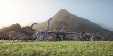 Vadideki dinozorlar. Göç. Bu 3 boyutlu bir çizim..