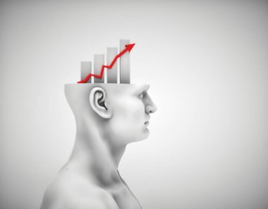 İçinde mali grafiği olan yarım kafalı bir adam. Bu 3 boyutlu bir çizim.