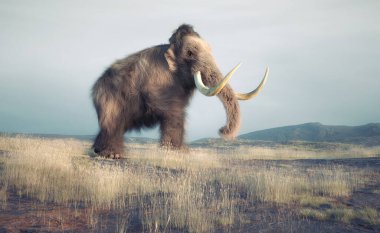 Çimenli tepelerde mamut. Bu 3 boyutlu bir çizim.