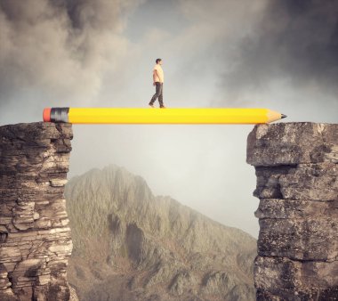 Man walks on a pencil over a gap between two cliffs. This is a 3d render illustration. clipart