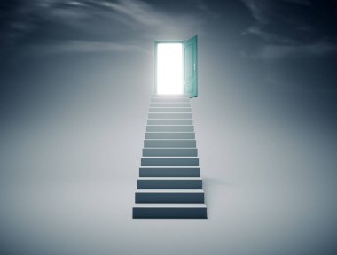 Merdivenler açık bir kapıya çıkıyor. Başarı konseptine giden yol. Bu 3 boyutlu bir çizim. .