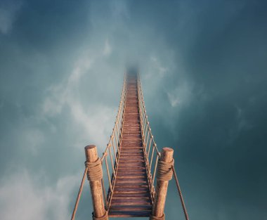 Yoğun sise giden bir halat köprüsünün gerçeküstü görüntüsü. Macera ya da kaçış kavramı. Bu 3 boyutlu bir çizim.