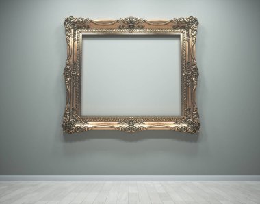 Minimalist bir galeride gri bir duvarda karmaşık bir şekilde tasarlanmış altın bir çerçeve sergilenirken, bu çerçevenin boşluğu ve etrafındaki boşluğu vurgulanıyor. Bu 3 boyutlu bir çizim.