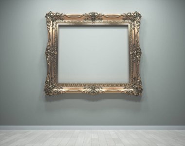 An intricately designed golden frame is displayed on a gray wall in a minimalist gallery, emphasizing its emptiness and the surrounding space. This is a 3d render illustration clipart