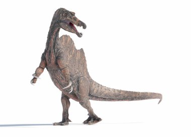 Beyaz arka planda Spinosaurus. Kretase döneminin sonlarında, tarih öncesi çağı anımsatıyor. Bu 3 boyutlu bir çizim.