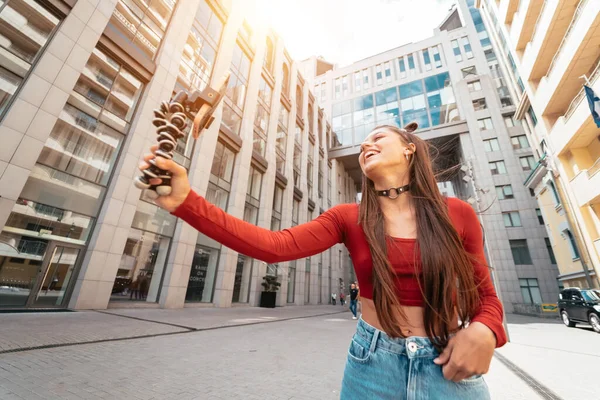 Young Female Blogger Smartphone Streaming Street Close View — Foto de Stock