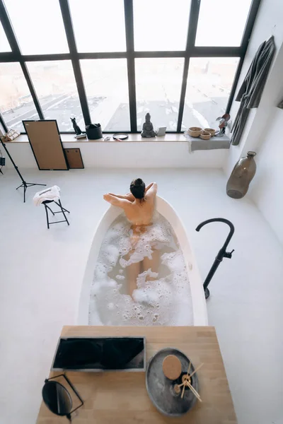 Happy Woman Bathing Home Relaxation Wellness Top View — Stockfoto