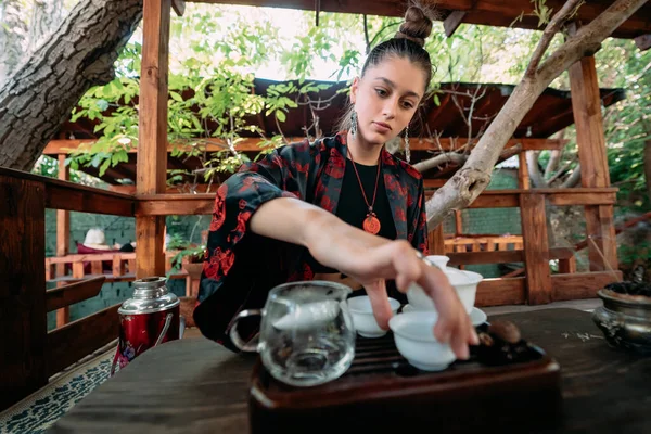 Tea Ceremony Woman Pours Water Tea Bowl Close — Foto de Stock
