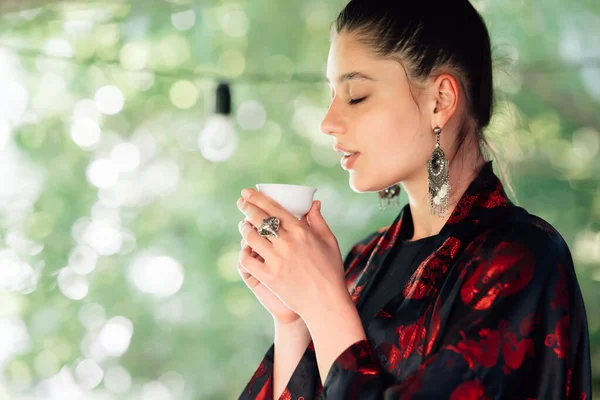 Shot Woman Drinking Tea Bowl Close View — Fotografia de Stock