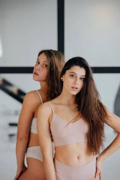 Two Young Women Standing Wearing Lingerie Home — Stock Fotó
