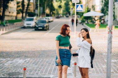 İki turist arkadaş akıllı bir telefondan online rehbere başvuruyor.