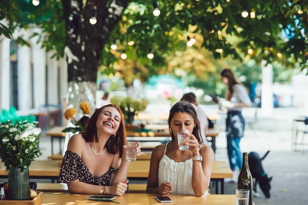 Két Boldog Mosolygós Iszik Valamit Étterem Vagy Kávézó Női Barátság — Stock Fotó