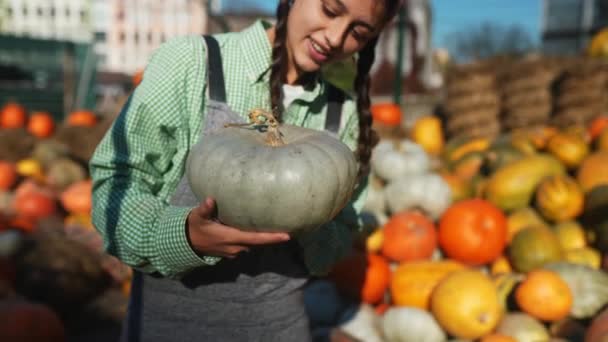 在秋天收获的背景下 快乐的女农民手里拿着一个成熟的南瓜 农业的概念 — 图库视频影像