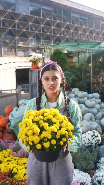 Atrakcyjna Kobieta Sprzedaje Ozdobne Kwiaty Doniczce Rynku Koncepcja Ogrodu Wnętrza — Wideo stockowe