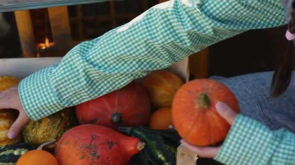 农妇从市场上的木箱里拿出一个小南瓜 — 图库视频影像