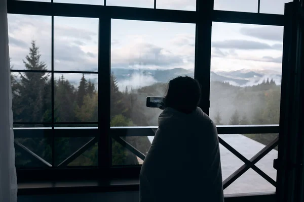 Woman Takes Photo Mountain Landscape Hotel Room — Stock Photo, Image