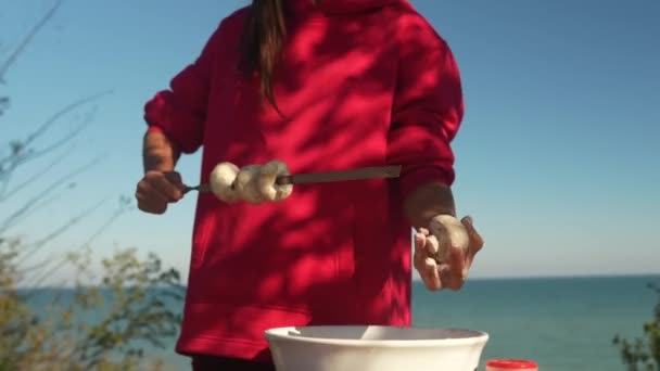 Woman Stringing Champignons Skewer Meat Substitute — Stock Video