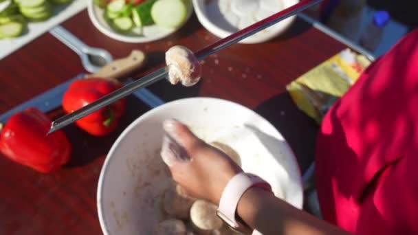 Woman Stringing Champignons Skewer Meat Substitute — Stock Video