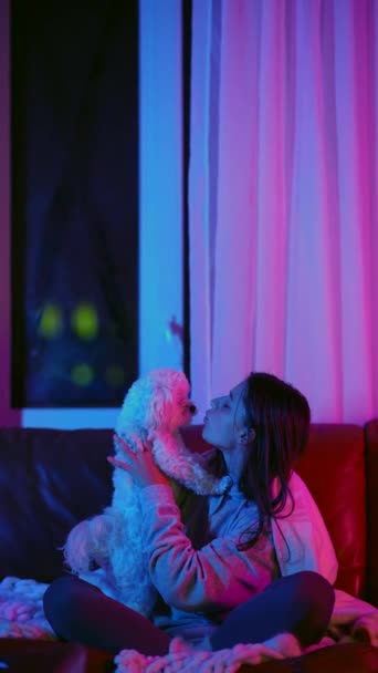 Vacker Ung Kvinna Leker Med Sin Maltesiska Hund Soffan Vardagsrummet — Stockvideo