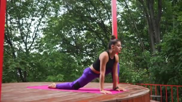 Una Giovane Donna Fare Yoga Cortile Sulla Veranda — Video Stock