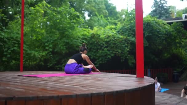 Groupe Jeunes Sportifs Pratiquant Des Cours Yoga Avec Instructeur Posant — Video