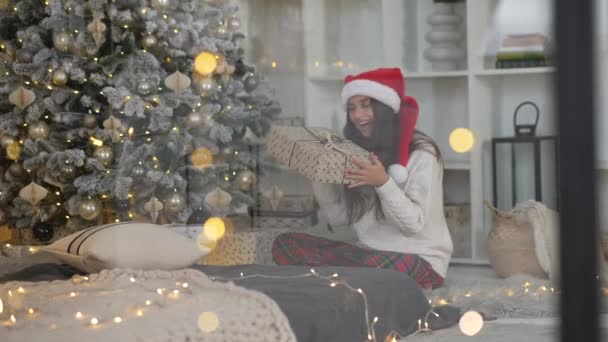 窓から見ると クリスマスツリーの近くで贈り物を持っている若い女性 — ストック動画