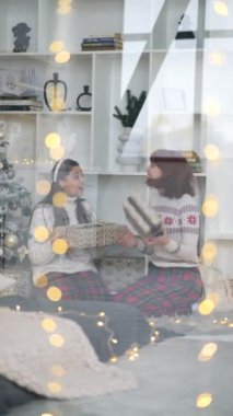 Pencereden bakan iki kız arkadaş, Noel ağacının yanında oturmuş hediyelerini değiş tokuş ediyorlar.