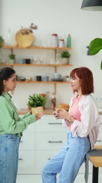 Duas Mulheres Estão Falando Enquanto Seguram Uma Planta Sala Suas — Vídeo de Stock