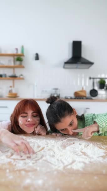 Women Play Flour Kitchen — Stock Video