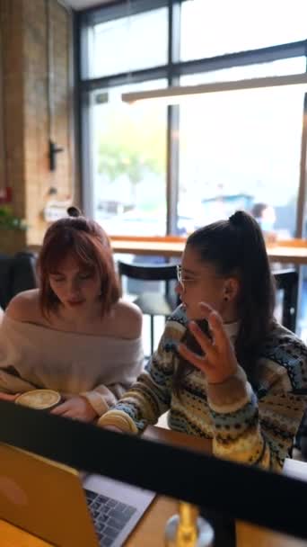 Mladé Přítelkyně Pracující Společně Notebookem Venkovní Kavárně Koncept Obchodních Vztahů — Stock video