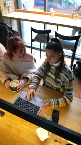 若い女性の友人は屋外カフェでラップトップコンピュータと協力しています ビジネス関係の概念 — ストック動画