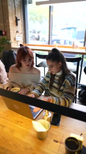 Jovens Amigas Trabalhando Conjunto Com Computador Portátil Café Livre Conceito — Vídeo de Stock